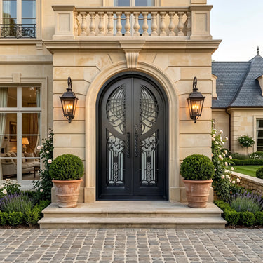 Elegant black double doors with decorative patterns with round top