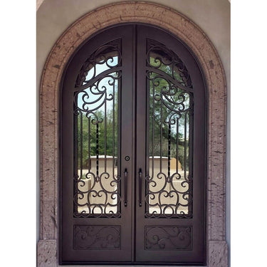 insulated round wrought iron double door with double pane low e glass