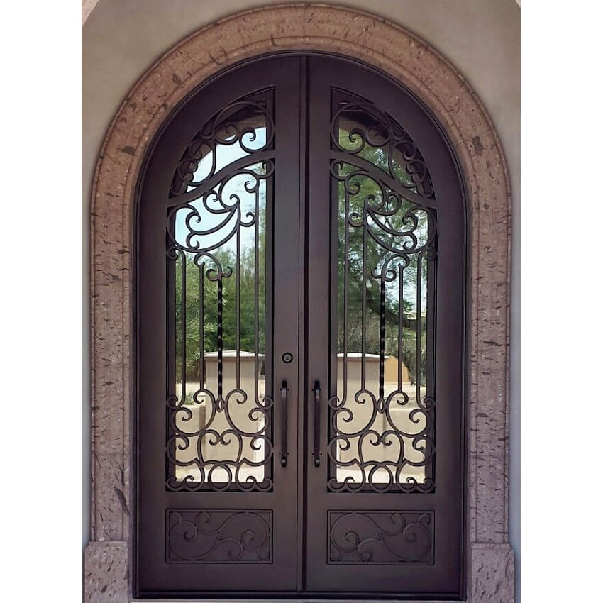insulated round wrought iron double door with double pane low e glass