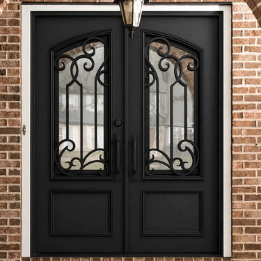 Classical wrought iron double front door with scrollwork