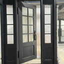Black iron French single door with side lights