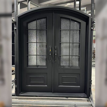 Pre-hung iron double front door with tempered glass