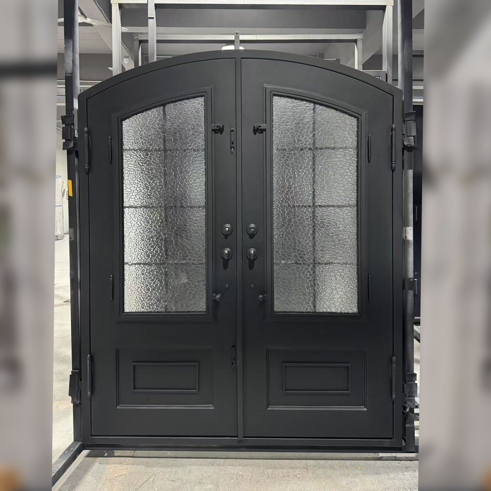 Customized rought iron front double door with aquatex glass