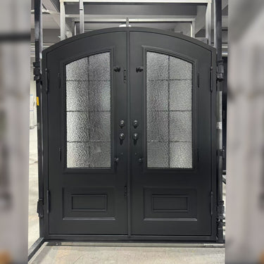 Customized rought iron front double door with aquatex glass