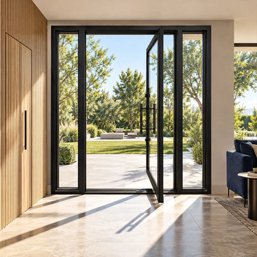 Modern thermal break pivot entry door with clear glass and full height sidelights