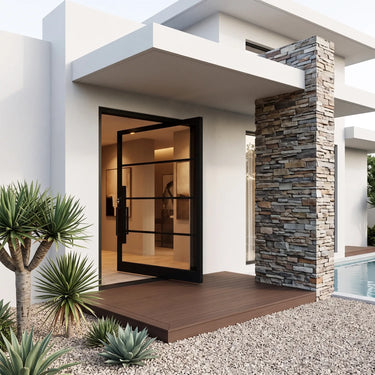 Contemporary 4 lite black iron pivot entry door with clear glazing