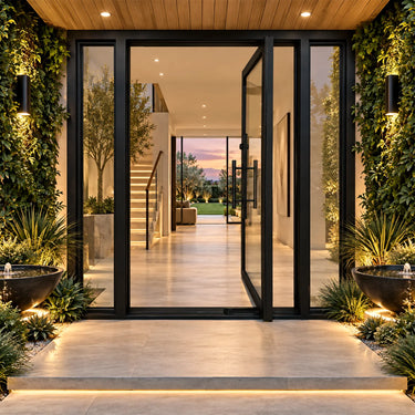 Minimalist black iron pivot entry door with clear glass panel and two sidelights