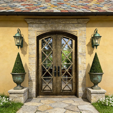 Thermal break iron double entry door with gray tinted glass