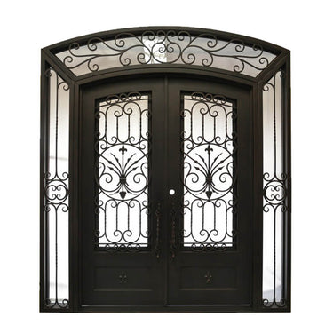 GID Iron Double Entry Door with fancy scrollwork two sidelights and transom