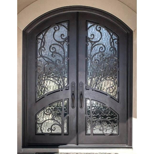Black Iron Front Entry Door with Exquisite Forged Arched Top