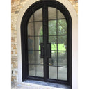 Double iron French door with matte black frame and round top