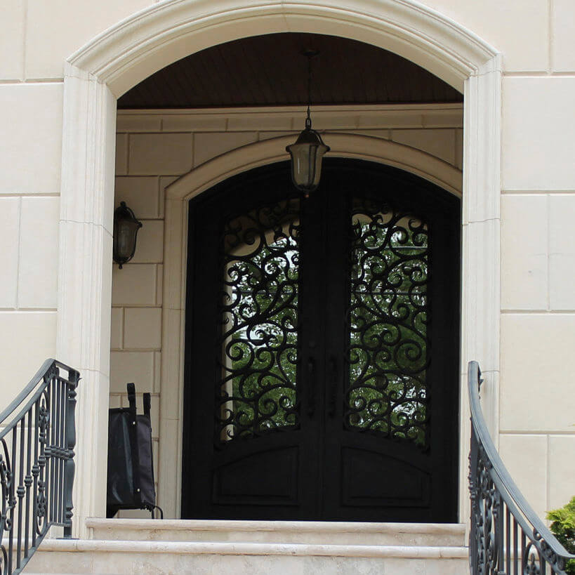 GID arched top decorative iron double door with clear glass