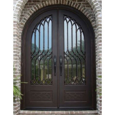 double iron door with rusty red frame and aquatex glass