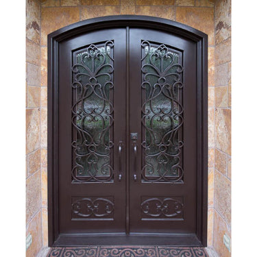 double iron door with kickplate and rusty red frame