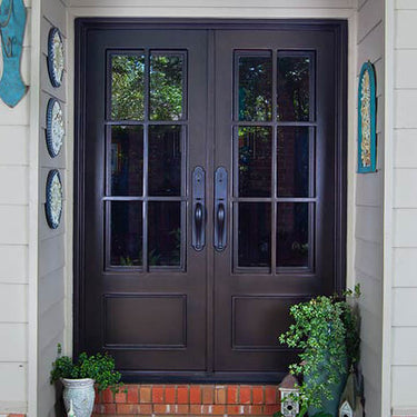 GID iron frame double entry door with 6 glass grids and kickplate