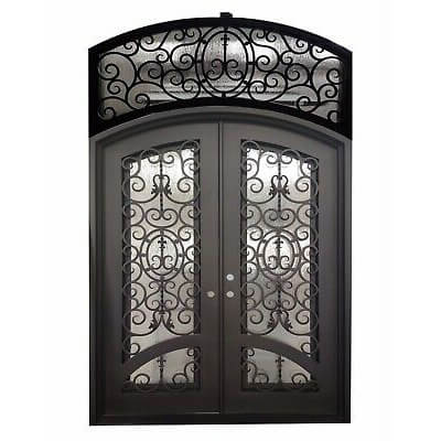 double iron door with transom and rusty red frame