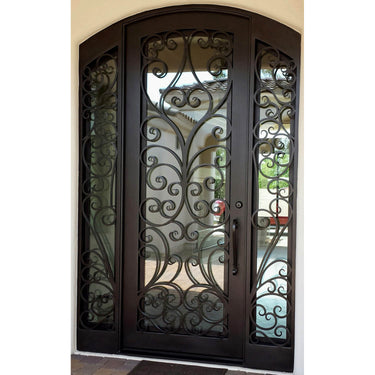 single door with two sidelights and beautiful scrollwork
