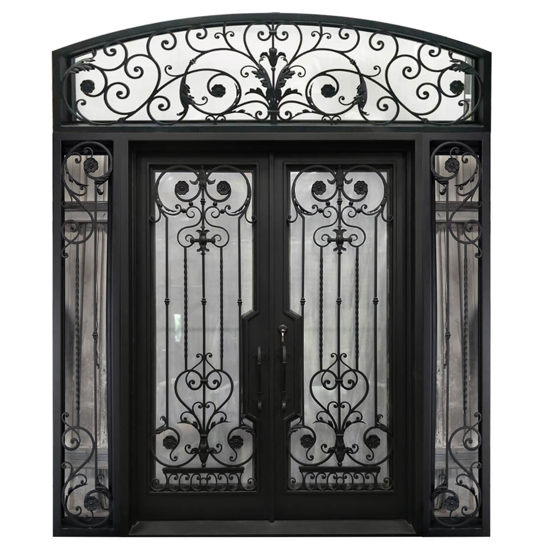 double iron door with frosted glass and exquisite scrollwork