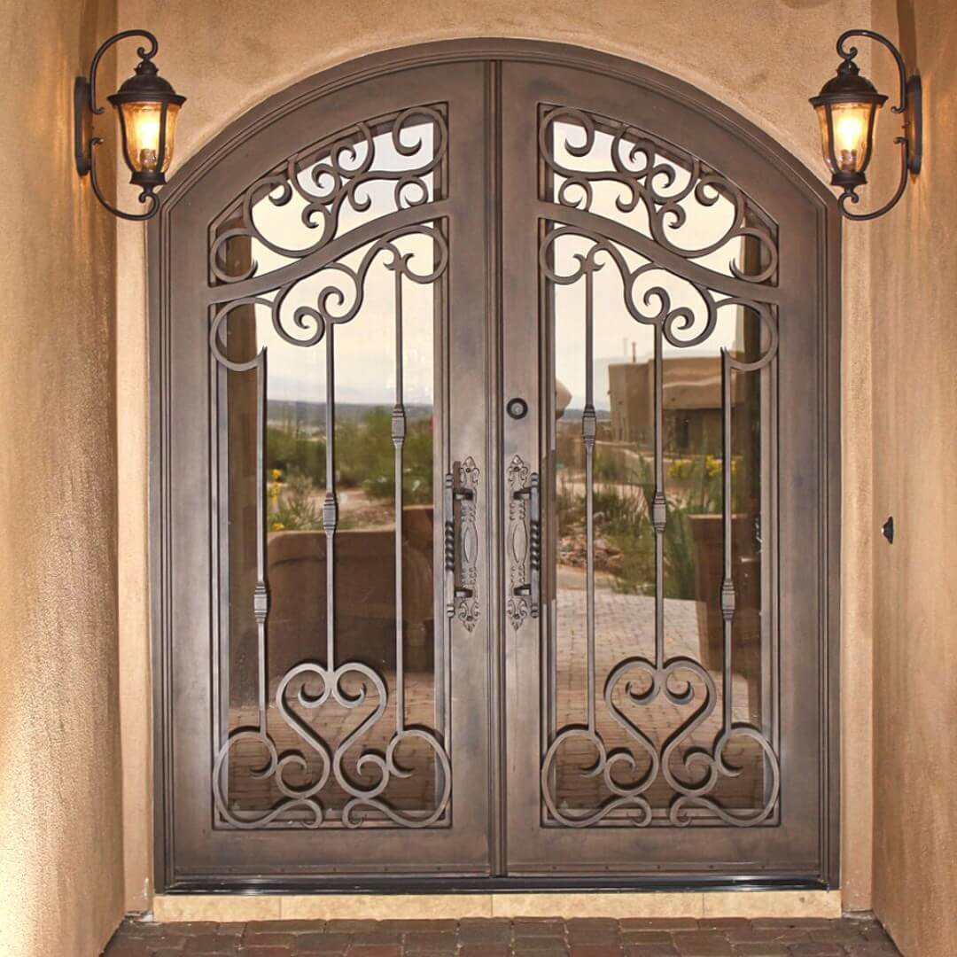 GID fancy wrought iron large size double door with clear glass