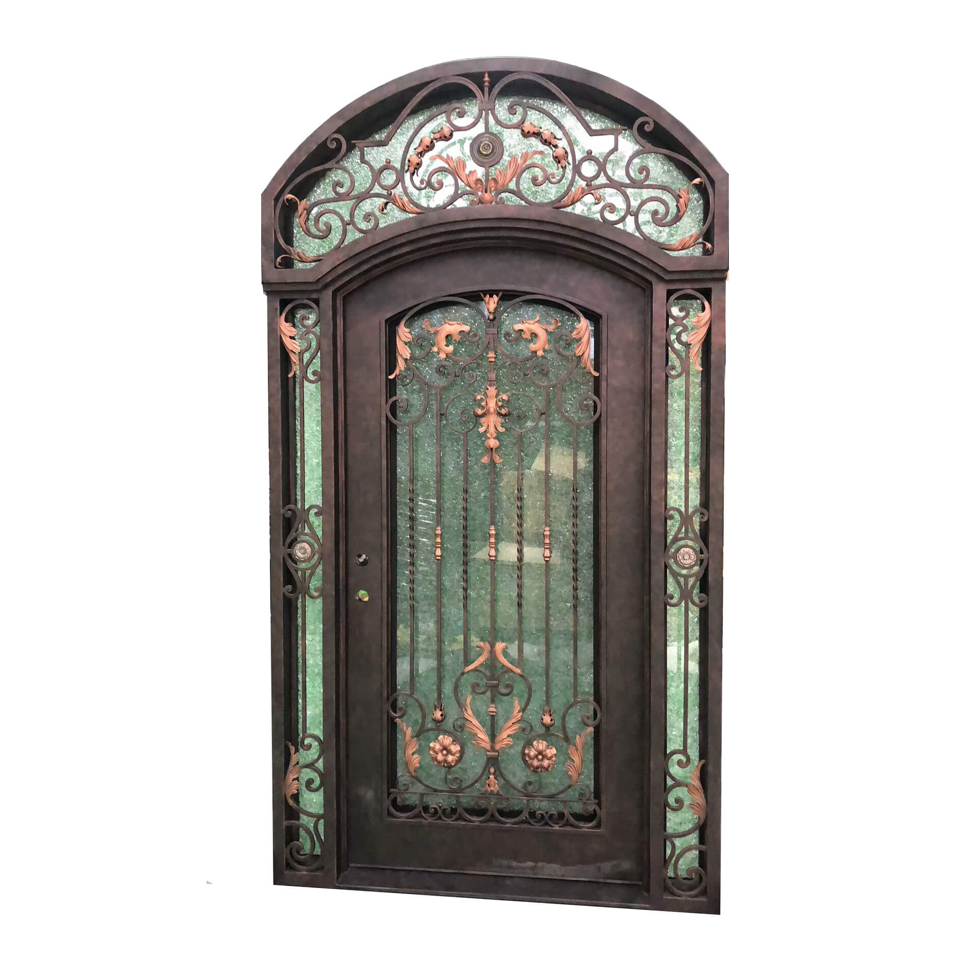 single door with two sidelights and beautiful scrollwork
