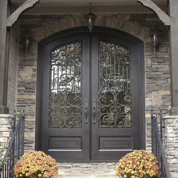 stately bronze thermal break iron exterior double door with eyebrow arched top