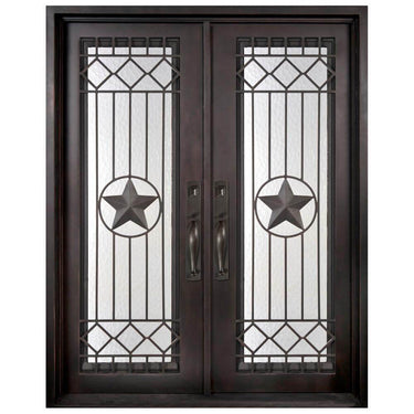 double iron door with rusty red frame and aquatex glass