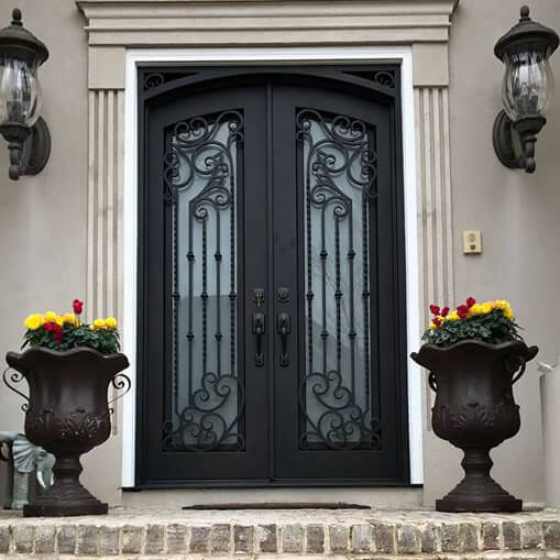 double iron door with square top and grille