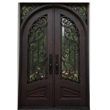 double iron door with rusty red frame and clear glass