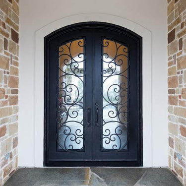 double iron door with matte black frame and arched top