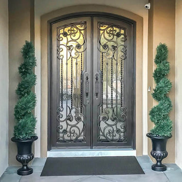 double iron door with flowery style and silver pewter