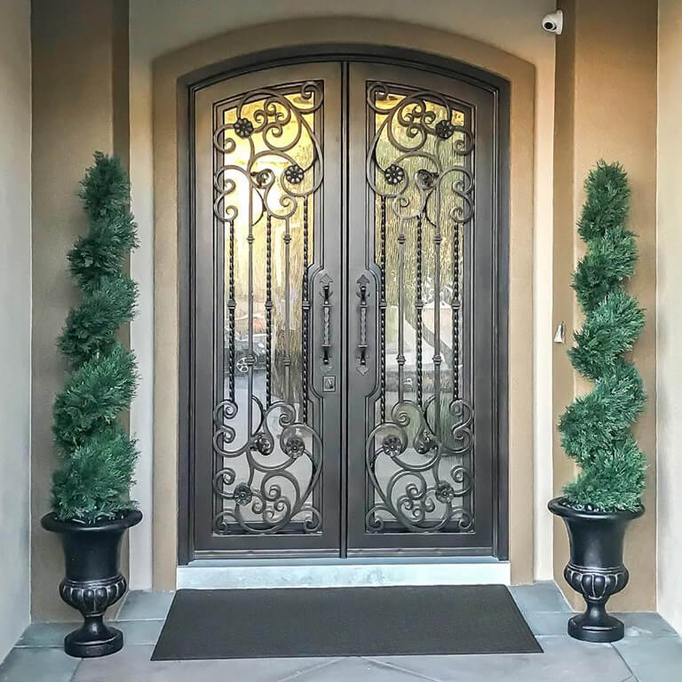 double iron door with flowery style and silver pewter
