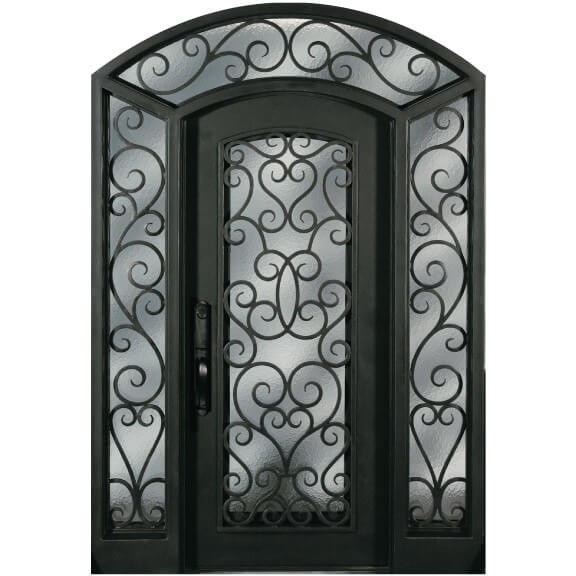 single door with two sidelights and beautiful scrollwork