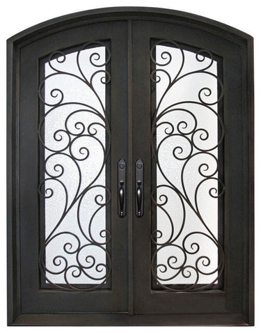 GID thermal break wrought iron pretty scrollwork double front door with frosted glass