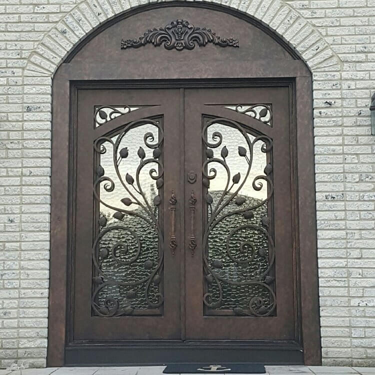 GID thermal break wrought iron double entry door with big round transom