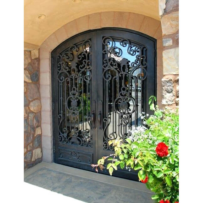 GID thermal broken forged iron large double door with handmade crafted scrollwork