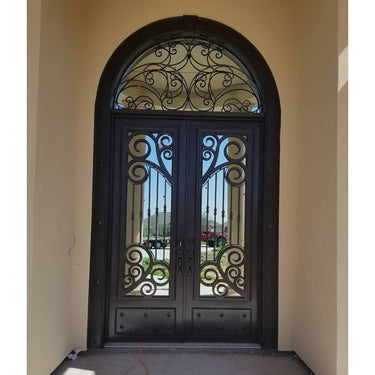 double iron door with clear glass and transom