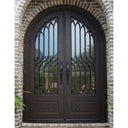double iron door with rusty red frame and aquatex glass
