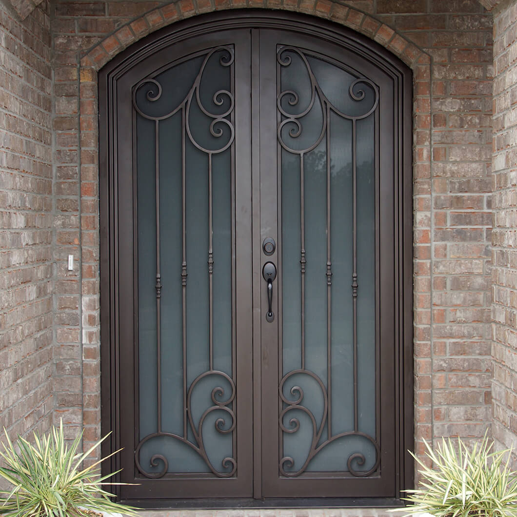 double iron door with grille and frosted glass
