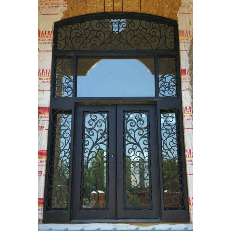double iron door with two sidelights and huge transom