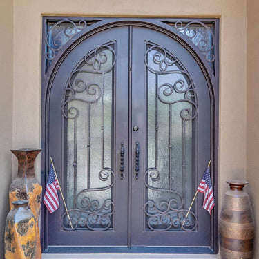 double iron door with square top and round inside