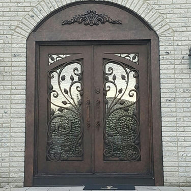 GID wrought iron double entry door with big round transom