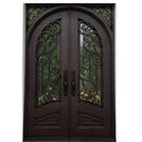 double iron door with rusty red frame and clear glass
