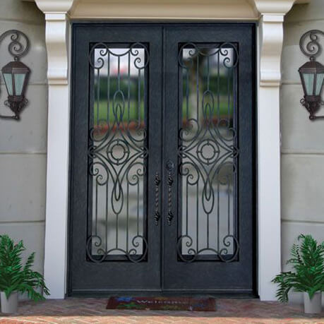GID wrought iron black double entry door with square top and slim hand made scrollwork