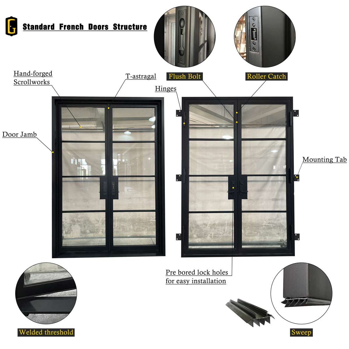 GID Black Iron French Double Door With Kickplate Clear Glass FD037