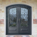 Matte black iron double entry door with tempered glass