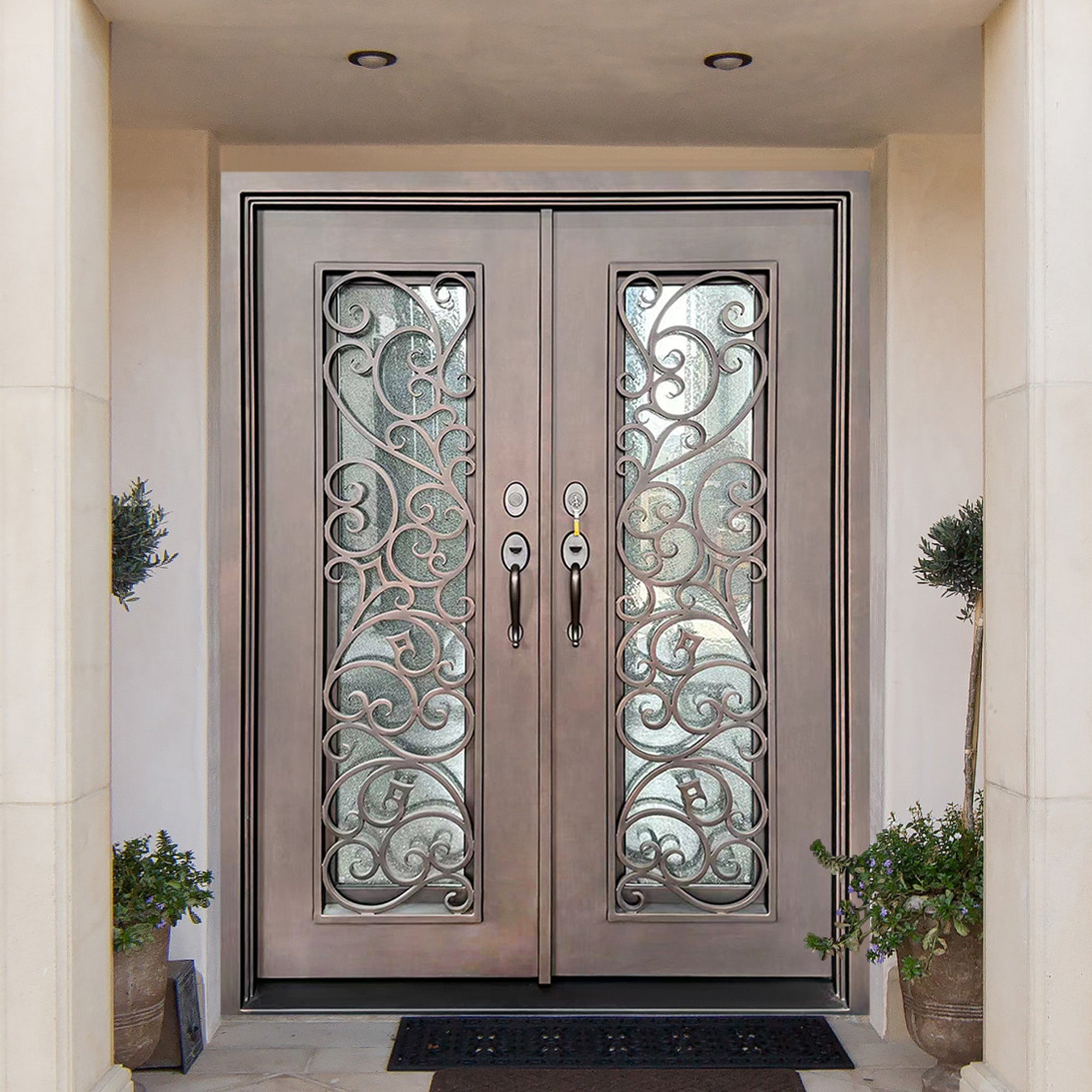 Customized wrought iron front double door with scrollwork