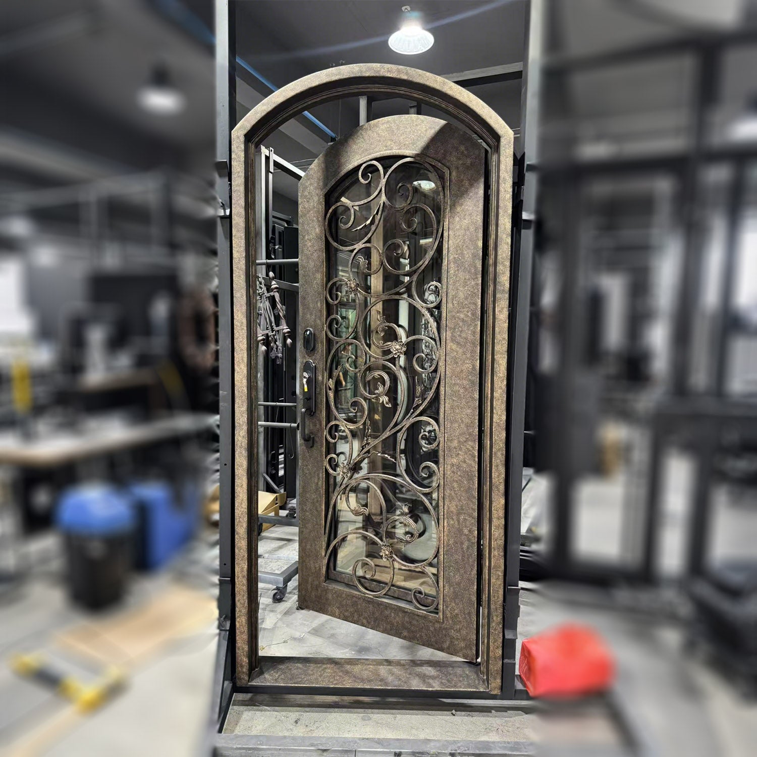 Decorative iron single entry door with Aged Bronze color