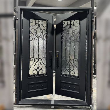 Square top wrought iron front door with hand-forged scrollwork
