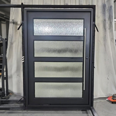 gid wrought iron pivot entry door with thick frame and long stainless handle