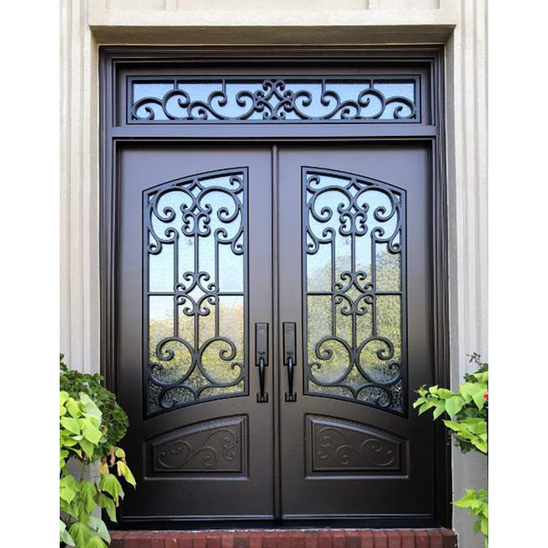 glory wrought iron double front door square transom with oil rubbed bronze finish and the scrollwork